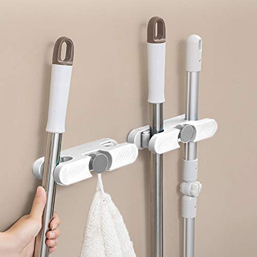 RIXOW Colgador Escobas y Fregonas 2 Piezas, Autoadhesivo Soporte Escobas Pared sin Perforar, Colgador Escobas Multifunción con Gancho para Baño, Cocina, Balcón para Ahorrar Espacio (Blanco)