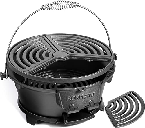 IronMaster R36 Barbacoa Carbón Portátil, Parrilla Barbacoa 100% Hierro Fundido, Barbacoas de Carbon y leña | 2 alturas regulables | Control de incendios | Puertas de carbón | 3-4 personas