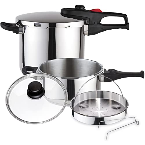 MAGEFESA ® Practika Plus Complet olla a presión súper rápida de 4 y 6 Litros, pack exclusivo cestillo + tapa de cristal, acero inoxidable 18/10, apta para todo tipo de cocinas, inducción, express