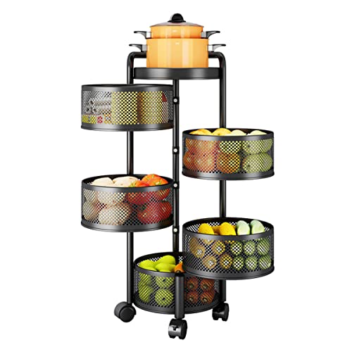 DROMEZ Carrito Auxiliar con Bloquear Ruedas, Carro de Almacenamiento Cocina Giratorio con Metálicas de 5 Niveles, Carrito Organizador Multiusos Verdulero Negro