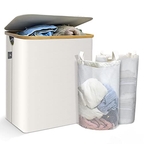 VOUNOT Cesto Ropa Sucia 145L Cesta para la Colada, Cubo Ropa Sucia con Tapa y Asas de Bambú para Ropa, Cesta de Ropa Plegable con Bolsa Interior, Beige