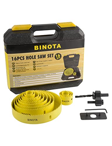 BINOTA Kit de Sierra Perforadora 16 Pièces, para Madera Blanda, Madera Dura, PVC, Plástico, Madera Contrachapada, Paneles de Yeso, Tableros de Composite, MDF, Juego de Brocas de 19 a 127 mm