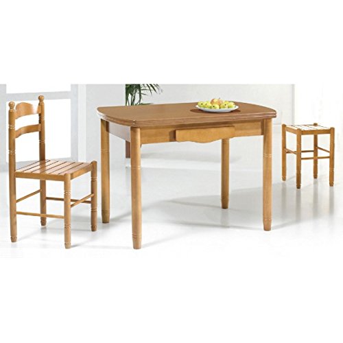 SHIITO - Mesa de Cocina Extensible 110 x 70 cm con alas ovaladas y cajón acabada en Madera barnizada. Disponible en Varios Tonos de Madera.