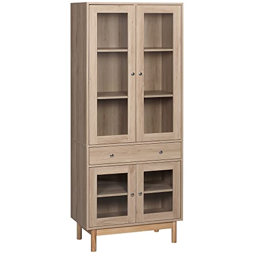 HOMCOM Aparador Alacena de Cocina Mueble Auxiliar con 1 Cajón 4 Puertas de Vidrio Baldas Ajustables y Patas Elevadas para Comedor Salón Antivuelco 76x40x183 cm Roble