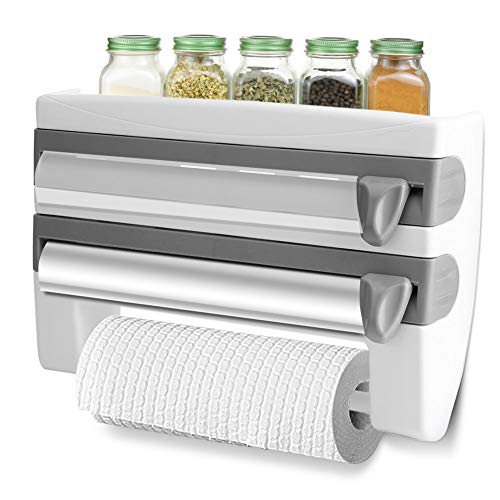 Portarrollos de pared, dispensador de triple corte, portarrollos de papel con cuchillas afiladas, cortador de película con estante para un total de 3 rollos, cocina, baño 39 x 10 x 24 cm(gris)