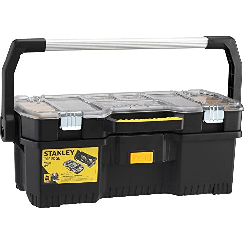 STANLEY 1-97-514 Caja de herramientas 610x323x251mm, con organizador transparente con separador extraíble, Asa grande de aluminio, Clips anchos anticorrosión, Bisagras metálicas, Durabilidad y fuerza