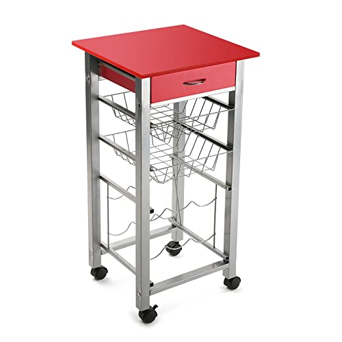 Versa Leicester Carro de cocina con ruedas, cajones y botellero, Verdulero con despensa y organizadores, Almacenaje de cocina, Medidas (Al x L x An) 82 x 40 x 40 cm, Madera y Metal, Color Rojo