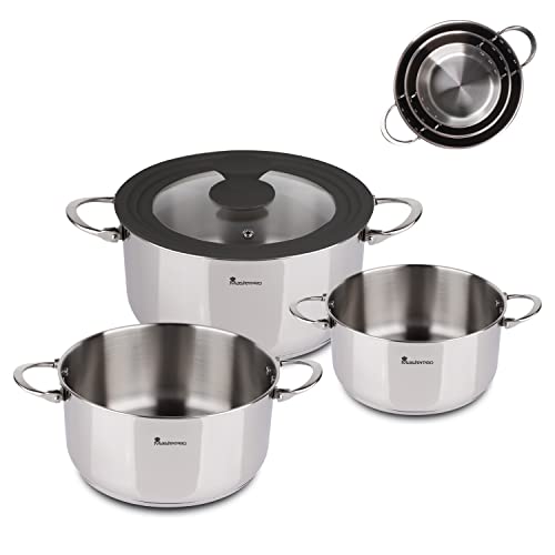 MasterPro Foodies | Batería de Cocina | Set de 4 Piezas Con Cacerolas de 16, 20 y 24 cm y Tapa de Cristal | Fabricadas en Acero Inoxidable | Cacerolas de Cocina | Compatibles con Todo Tipo de Cocinas