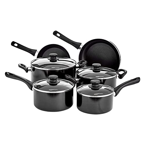 Amazon Basics Juego de Utensilios de Cocina de Inducción Antiadherente - 6 Piezas, con Tapas, Negro