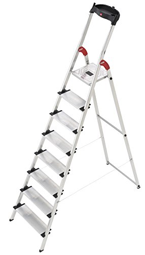 Hailo XXL - Escalera doméstica de Aluminio, peldaños Extra Anchos, Bandeja Multifuncional, Gancho para Cubo y Pinza para Cable (8 peldaños)