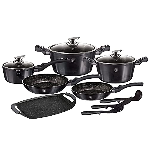 Berlinger Haus Carbon Pro Batería Cocina Inducción, Antiadherente Mármol sin PFOA, Aluminio, Set 2 Cazuelas 3 Tapas Cristal, Cazo, Plancha, 2 Sartenes, 3 Utensilios, Gris Oscuro Metalizado (BH-6911)