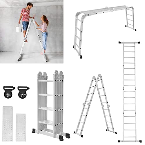 Yznahre Escalera multiusos 6 en 1 de 470 cm de aluminio con plataforma y ruedas, escalera plegable, escalera articulada multifunción, escalera de pesca de hasta 150 kg, 4 x 4 peldaños, color plateado