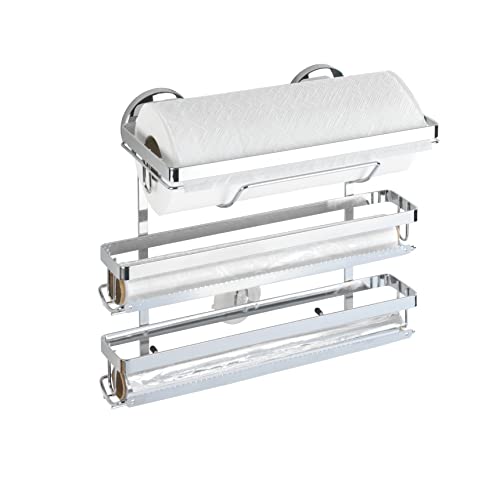 WENKO Magic-Loc portarrollos de cocina Trio - fijar sin taladrar, Metal cromado, 33 x 32 x 16 cm, Cromo brillante