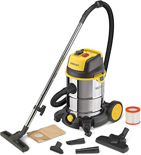 Stanley SXVC30XTDE Aspirador Multiuso, Rueda|Ligero.|Bolsillo, amarillo y negro, de sólidos y líquidos con Toma para Herramientas eléctricas integrada (1600 W, 30 l)