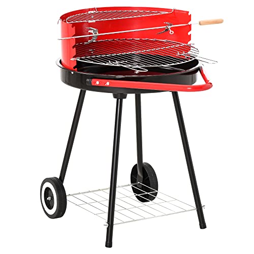Outsunny Parilla para Barbacoa de Carbón con Rejilla a Diferentes Alturas Parilla de Calentamiento con Estante Redondo para Almacenaje 51x70x75,5 cm Rojo y Negro