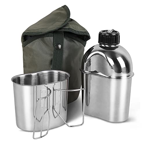 Goetland Juego de Cantimplora Acero Inoxidable Cantina Cantimplora WWII Cantimplora Militar Estadounidense 1.2L con Copa de 0.6L Funda de Nailon G.I.