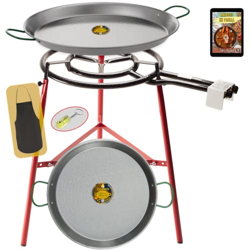 COMBOI Kit Paellero - Quemador gas butano 50 cm, paellera de 60 cm + paellera 42 cm, Soporte Patas reforzadas, nivel, delantal, libro de recetas digital