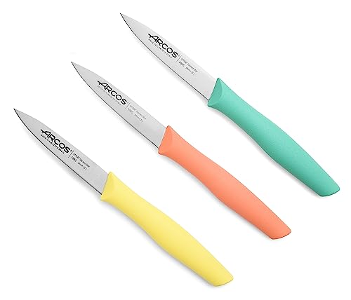 Arcos Set Cuchillos Mondadores. 3 Piezas Acero Inoxidable. Cuchillos Cocina Peladores Multicolor para Pelar Frutas y Verduras. Mango Ergonómico Polipropileno. Serie Nova. Naranja. Amarillo y Azul
