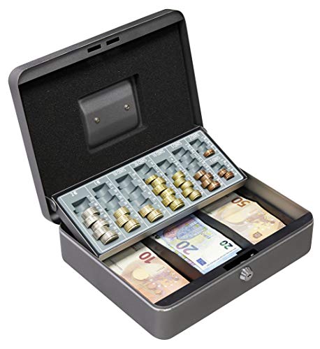 Arregui, Cashier C9246-EUR Caja Caudales con Llave para Contar y Transportar Dinero, Caja de Seguridad de acero con bandeja organizador de Monedas y Billetes, Caja fuerte portatil, Gris grafito