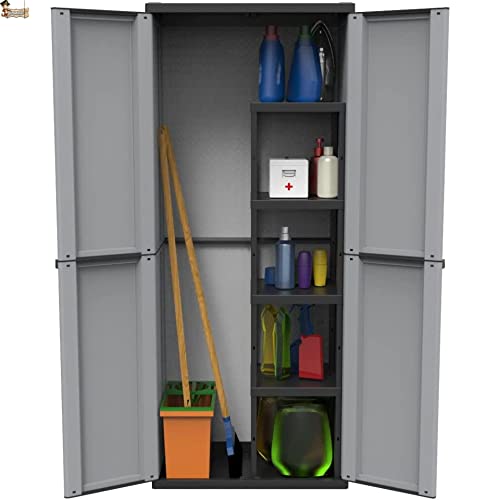 BricoLoco.com Armario escobero Exterior o Interior. Mueble en Resina para jardín, terraza, despensa, Cocina. Dos Puertas y Cuatro baldas