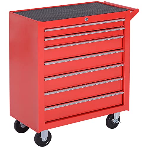 DURHAND Carro de Herramientas con 7 Cajones Caja Taller Cerradura Tipo Mueble de Almacenamiento para Taller Garaje y Hogar Chapa de Acero Ruedas 69x33x75cm Rojo