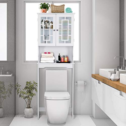 COSTWAY Estantería para Inodoro WC con 3 Estantes y 2 Puerta,Mueble sobre Inodoro, Mueble de Baño de Madera Armario Alto de Lavadora, Armario de Almacenamiento sobre el Inodoro WC (Blanco)