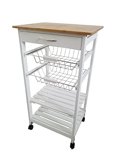 Meyvaser.com Ecommerce Company Verdulero frutero de Cocina Color Blanco-Miel, Carro de Cocina con Ruedas, 87x47x37, 2 cestas metalicas y 2 baldas