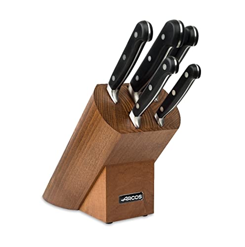 Arcos Serie Opera - Juego de Cuchillos de Cocina (5 Cuchillos), Hoja de Acero Inoxidable Forjado NITRUM, Mango de Polioximetileno (POM), Bloque Madera, Color Marrón (Con afilado FILO SEDA)