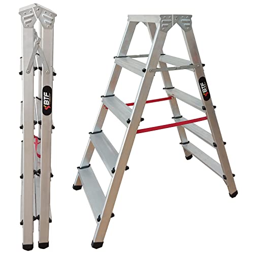 BTF® Escalera Tijera Plegable Doble Acceso en Aluminio 5 Peldaños, 5+5 Plataforma H.110 cm | Altura Alcanzable 3.1 Metros, Certificada EN131 Capacidad Carga 150 kg. Fabricada en Europa. BTF-DDB05