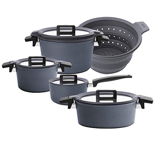 Woll Concept Plus - Batería de Cocina de inducción (5 Piezas, 2 ollas de 20 cm y 24 cm, 1 Cacerola de 24 cm y colador de 24 cm, Incluye Tapa y Sellado Antiadherente)