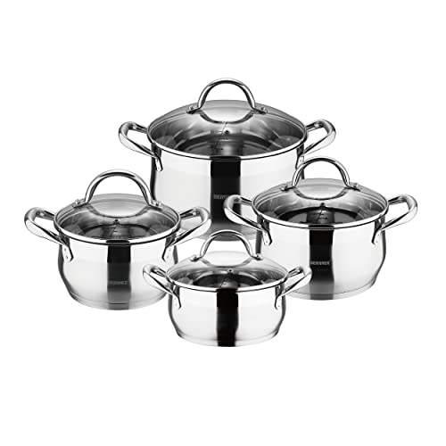 BERGNER Gourmet | Batería de Cocina de 8 Piezas | Acero Inoxidable | Incluye 4 Cacerolas con Tapas | Muy Resistente, Fácil de Limpiar y Para Todo Tipo de Cocinas