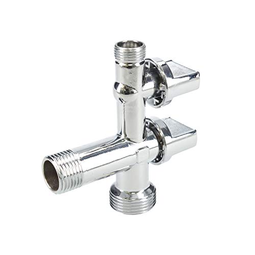 Fontastock FSKFAB103 Llave de escuadra individual para regulación del agua 1/2”–3/8”-3/4” con 2 salidas, para cisterna wc, lavabo, bidé o fregadero y lavadora o lavavajillas, cierre con 1/4 de vuelta