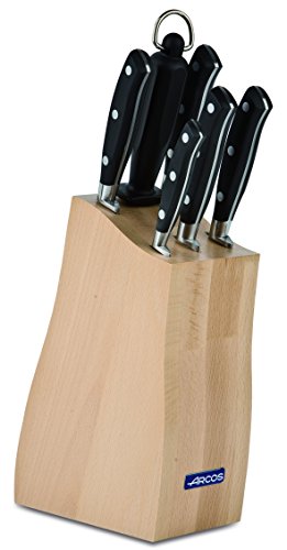 Arcos Serie Riviera - Juego de Cuchillos en Caja de Regalo (5 Cuchillos + 1 Chaira), Hoja de Acero Inoxidable Forjado NITRUM, Mango de Polioximetileno (POM), Bloque de madera, Color Marrón