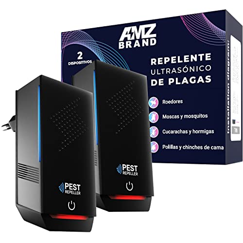 AMZ BRAND Repelente Ultrasónico de Plagas - Paquete de 2, Repelente contra Ratones, 3 Modos, Dispositivo Antiplagas de Gran Alcance, contra Ratones, Ratas, Mosquitos, Cucarachas, Polillas, Hormigas