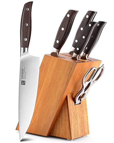 XINZUO 7 Piezas Set Cuchillo Cocina con Bloque de Cuchillos,Acero Inoxidable Alemán 1.4116 Juegos de Cuchillos de Chef Cuchillo de Cocinero,Tijeras de Cocina Multifuncionales-Mango de Red Sandalwood