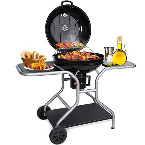 Gifort Barbacoa de Carbón, BBQ Carbon, Parrilla Barbacoas de Carbon Portatil con Tapa, Ruedas y Compartimento de Almacenamiento para Jardín, Camping, Fiestas, 58 cm Negro