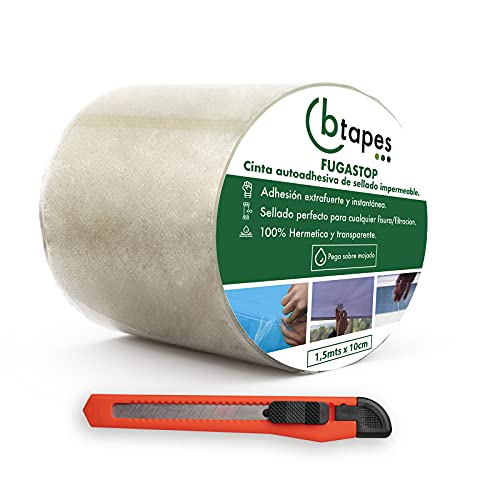Btapes Cinta Adhesiva Transparente Reparadora y Selladora con cúter de REGALO - 100% hermética e impermeable FUGASTOP- Pegado perfecto bajo el agua y en superfícies húmedas.(1,5m x 10cm)