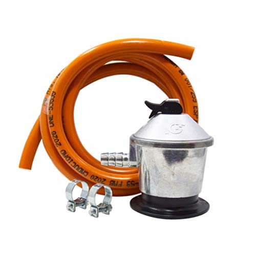 S&M 591013 Kit regulador + Tubería homologada de Gas Butano de 1,5 Metros-Ø 9mm + Dos Abrazaderas con pestaña Naranja