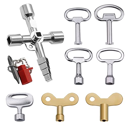 HKQP 8 Piezas Llave Cruzada Universal Llave Cuadradillo Llave Ascensor 4 Vías Llave para Radiadores Llave de Utilidad Herramientas Electricista para Contadores de Agua y luz, Contadores de Gas etc