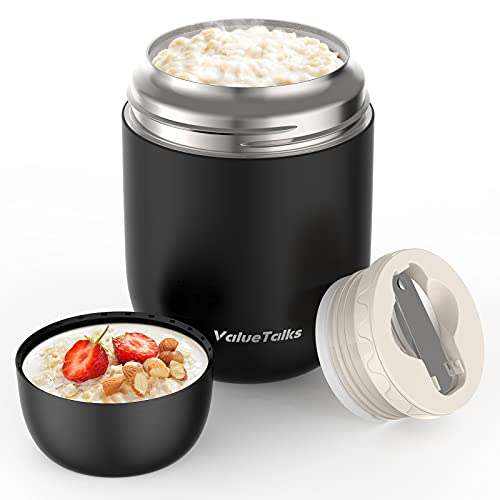 ValueTalks Termo para Alimentos 450ml Tarro de comida Acero Inoxidable Aislado al Vacío Frasco con una Cuchara Plegable para Adultos Niños y Bebés(Negro)