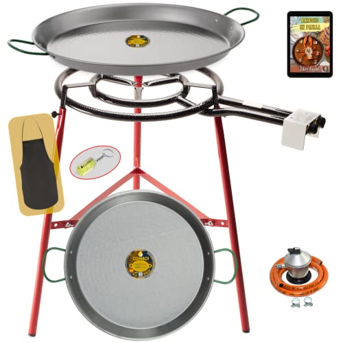 COMBOI Kit Quemador Paellero de gas butano 50 cm, paellera de 60 cm + paellera 42 cm, Regulador de gas, Manguera, Soporte Patas reforzadas, nivel, delantal, libro de recetas digital
