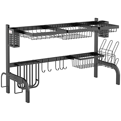 HOMCOM Escurreplatos de Acero Escurridor de Platos de 2 Niveles para Fregadero Estante de Secado de Platos con Soporte para Tabla de Cortar Soporte de Cubiertos 100x30x52,5 cm Negro