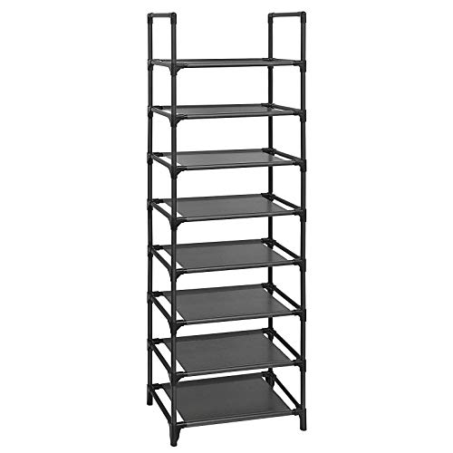 SONGMICS Zapatero, Organizador Zapatos, 8 Baldas, Zapatero Abierto Estrecho, 28 x 46 x 145 cm, Marco de Metal, Estantes de Tela no Tejida, para Pasillo, Dormitorio, Negro LSR24BK