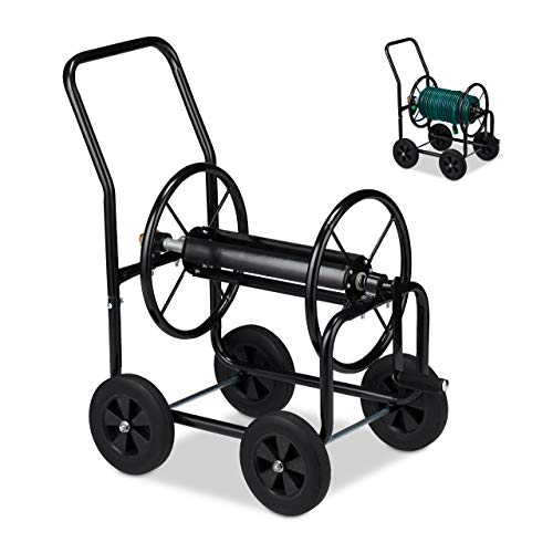 Relaxdays Carro para Manguera, Enrollador XL, Cuatro Ruedas de Goma, Manivela, para 60m, 81x48x80 cm, 1 Ud, Negro