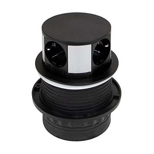 Emuca - Regleta multienchufe retráctil con 3 enchufes schuko EU y 2 puertos USB, torre de enchufes vertical empotrable con push para encimera de cocina o escritorio