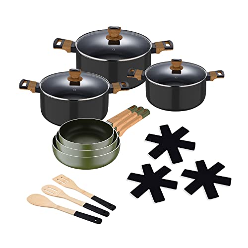 SAN IGNACIO Earth | Batería de Cocina de 12 Piezas | Incluye Sartenes, Cacerolas, Accesorios y Protectores | Fabricadas con Aluminio Prensado | Juego de Sartenes Antiadherentes | Todo Tipo de Cocinas