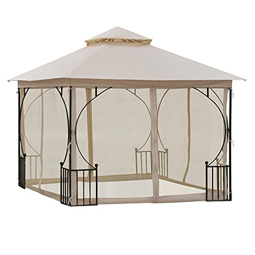 Outsunny Cenador de Jardín 3x3 m con 4 Cortinas Laterales de Cremallera y Doble Techo con 8 Orificios de Drenaje Estilo Moderno para Patio Aire Libre Beige