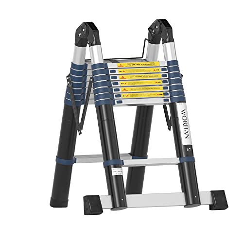 WORHAN® 5m Escalera Doble Telescopica PRO Multiuso Multifuncional Plegable Tijera Aluminio Anodizado Nueva Generación Calidad Alta 500cm K5C
