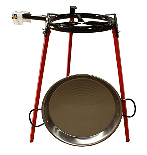 Kit Paellero 30 cm Gas butano, paellera de acero pulido de 38 cm, regulador de Gas + 1,5 metros de Manguera, soporte de 3 Patas reforzadas