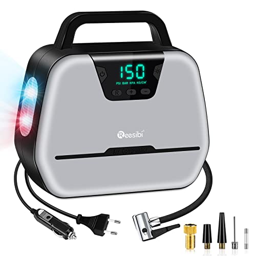 Reesibi Compresor Aire Portátil 220V 12V Doble Alimentación MAX 150PSI, Bomba Eléctrica, Inflador de Neumaticos Ruedas Coche con Manómetro Digital y 3 Modos de Luces LED - Gris/Negro